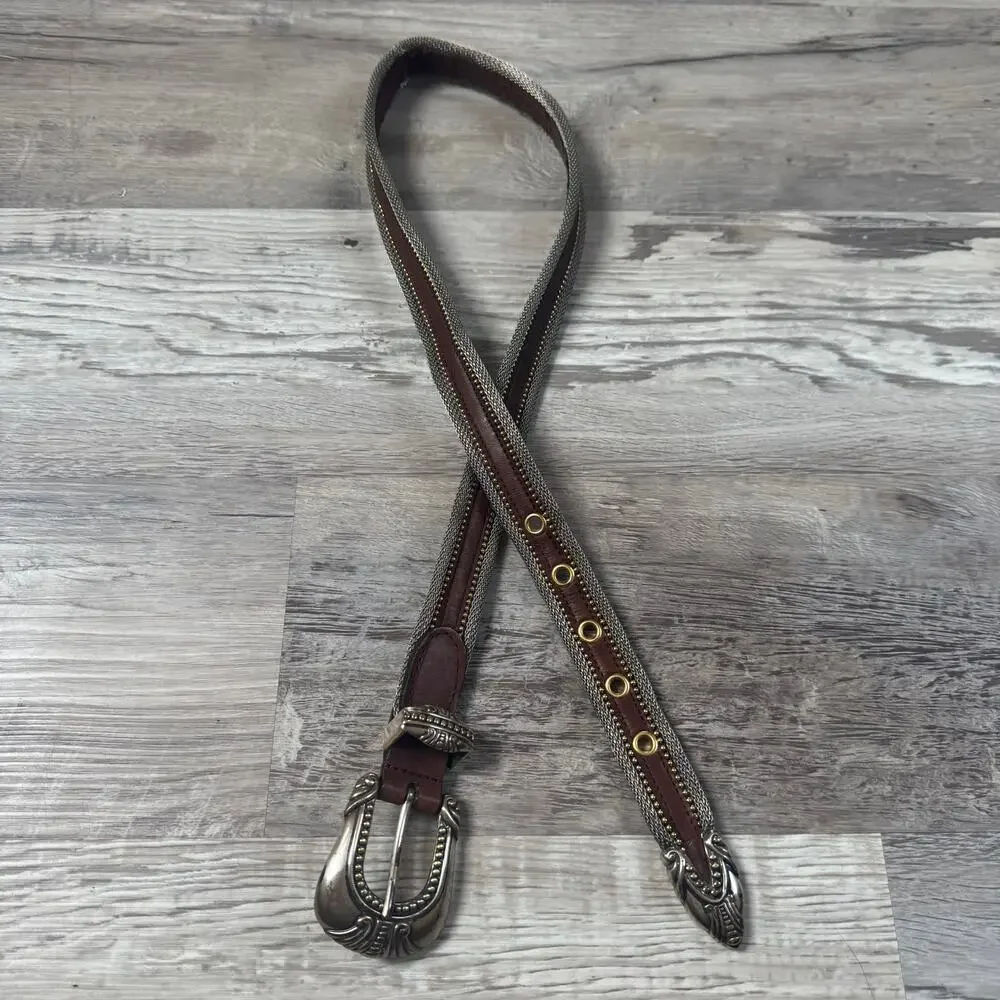 Vintage Brown Leather Chain Belt Western Boho Statement 90s Y2K Medium